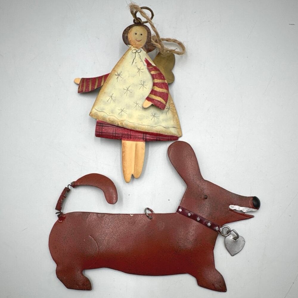 VTG Primative Country Tin Christmas Ornaments Angel Dachshund Rustic Folk Art